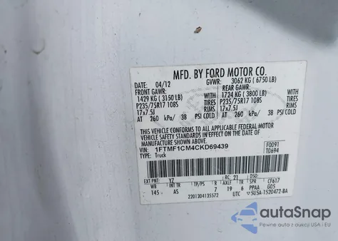 2012 Ford F-150 Xl z USA, uszkodzony, nr VIN 1FTMF1CM4CKD69439